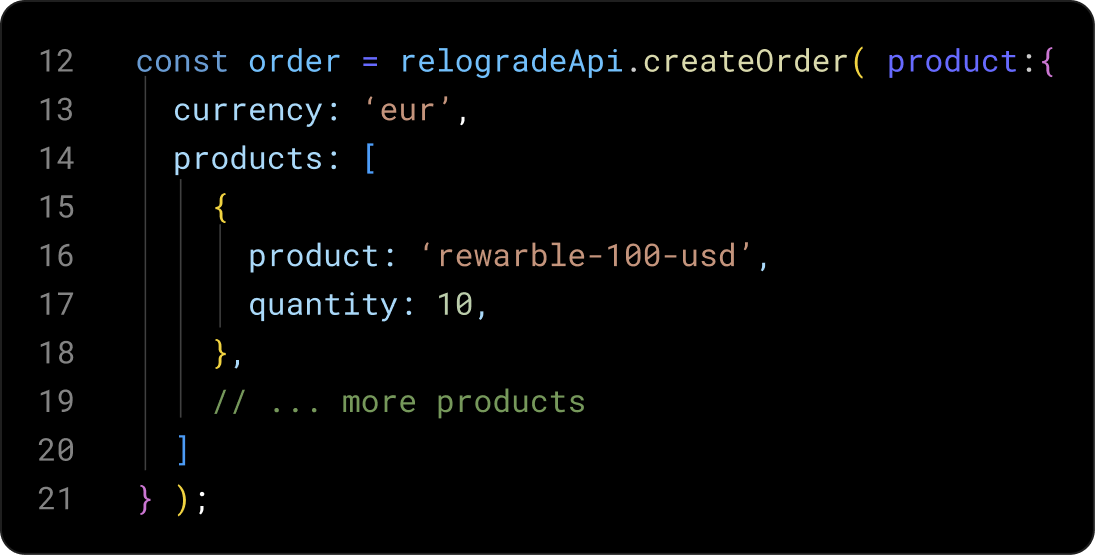 Code snippet demonstrating how to create an order using the 'relogradeApi.createOrder' function, including product details such as currency and quantity