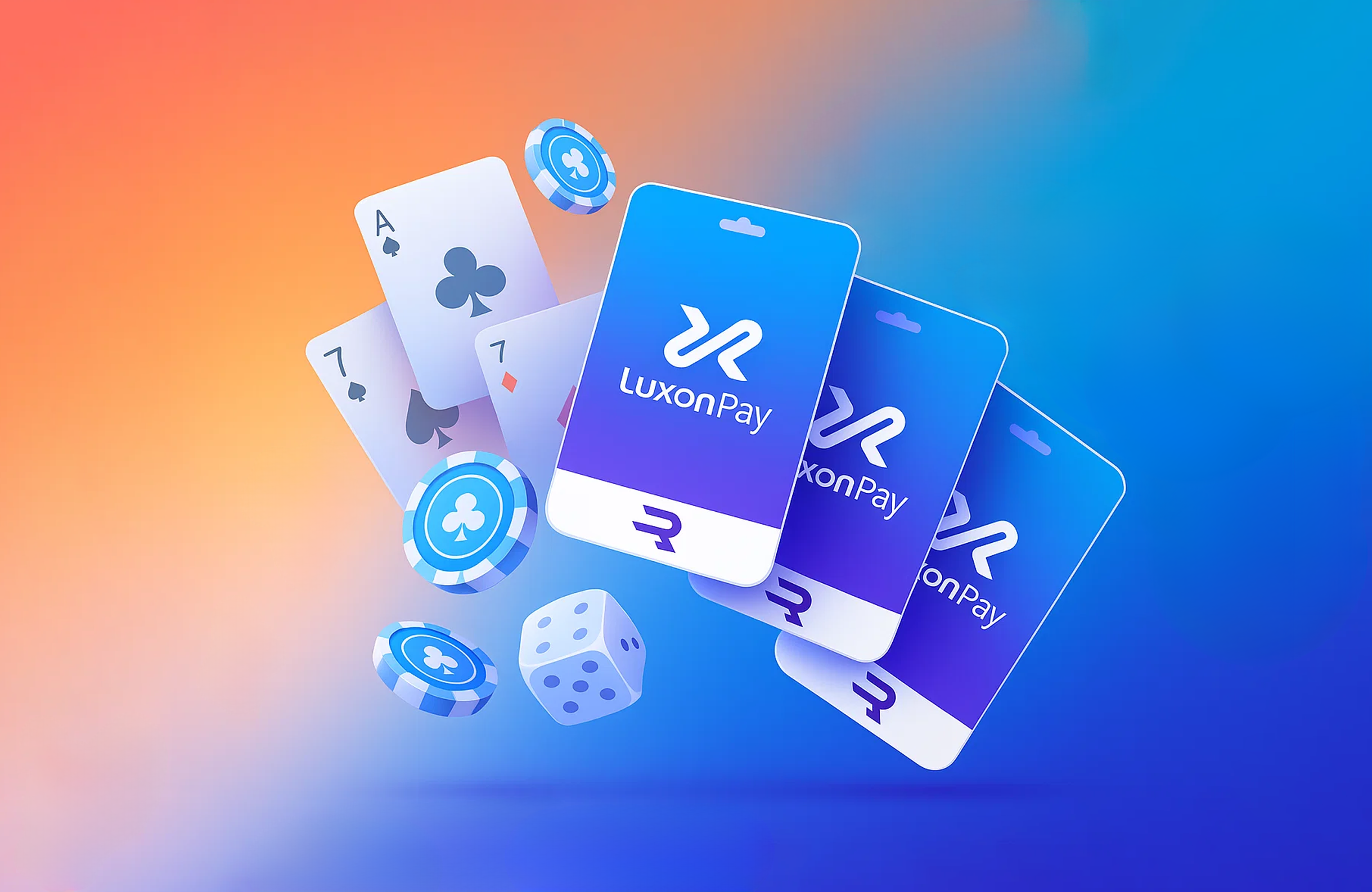 Luxonpay payment cards displayed with casino gaming elements including playing cards showing Ace and 7 of clubs, poker chips, and a dice