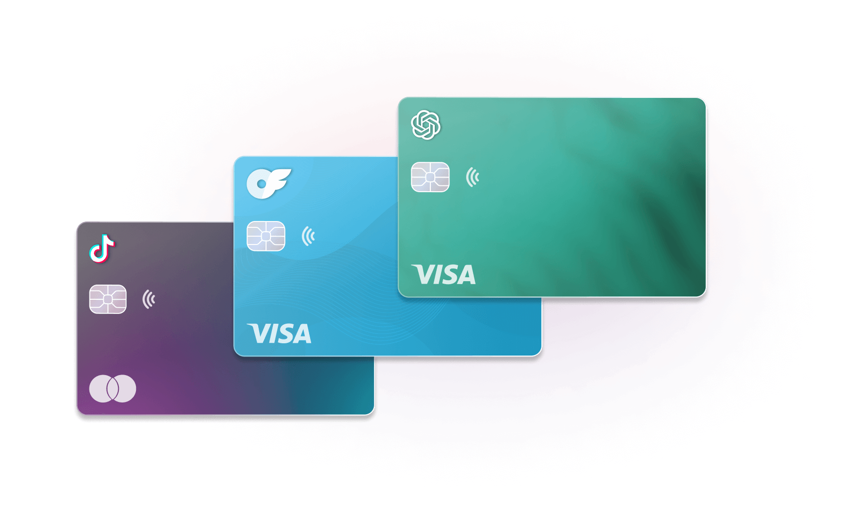 Three credit cards with TikTok, "of" logo, and ChatGPT designs, all featuring the Visa logo.