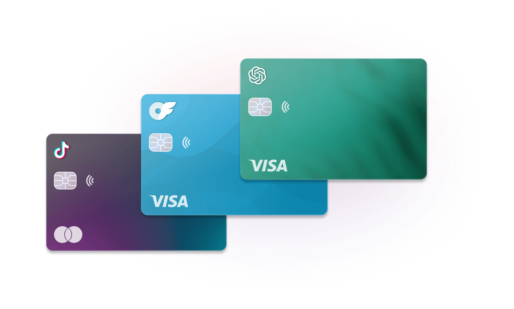 Three credit cards with TikTok, "of" logo, and ChatGPT designs, all featuring the Visa logo.