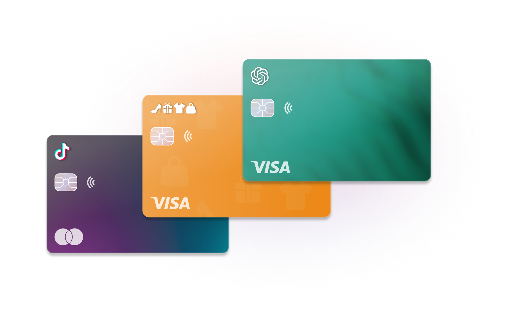 Three credit cards with TikTok, "of" logo, and ChatGPT designs, all featuring the Visa logo.