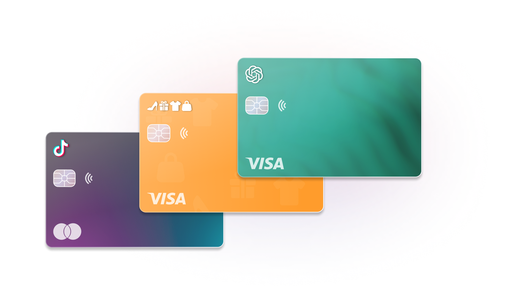 Three credit cards with TikTok, "of" logo, and ChatGPT designs, all featuring the Visa logo.