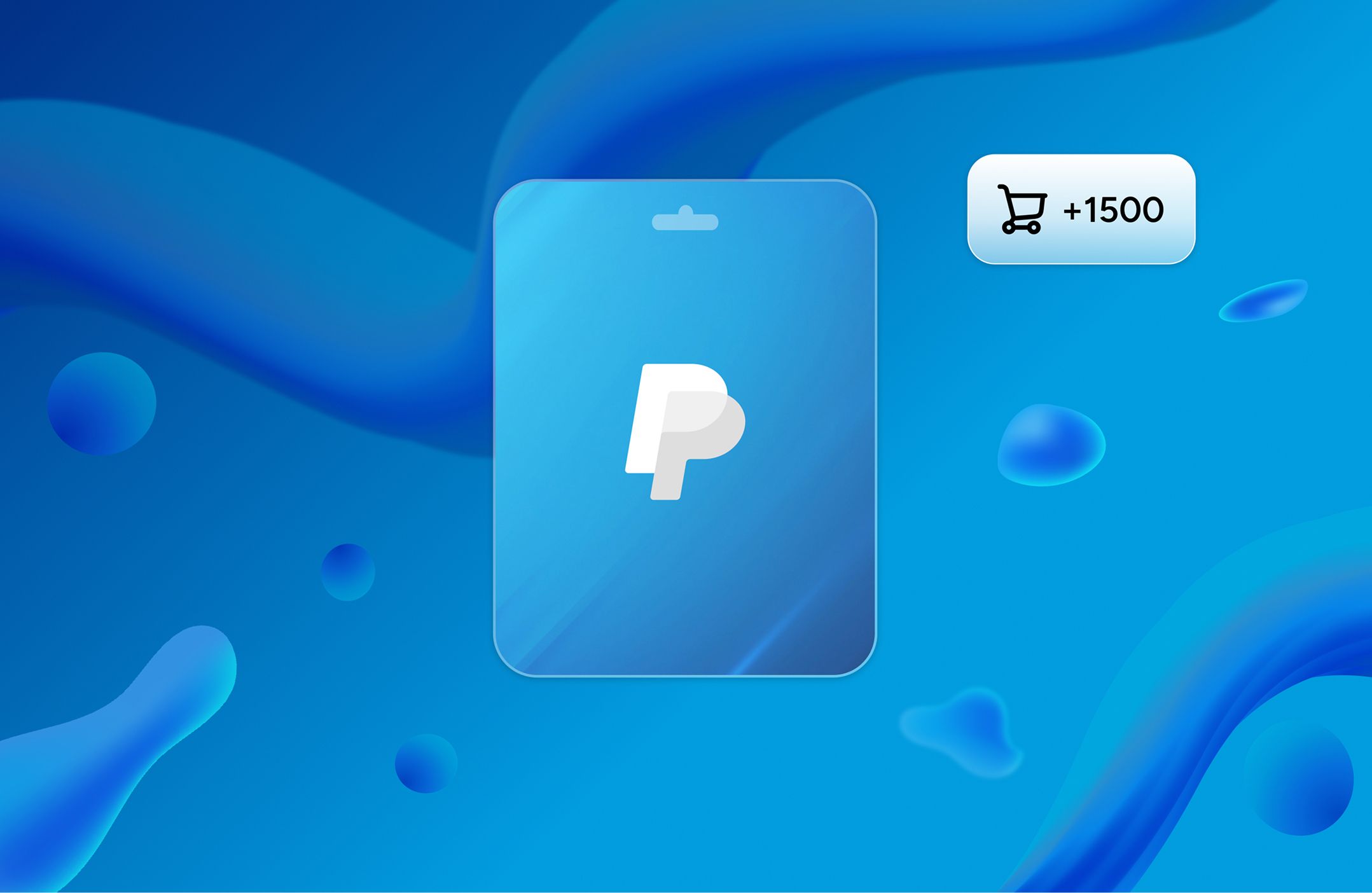 Smartphone showing PayPal logo with a +1500 shopping cart notification badge on a blue gradient background.