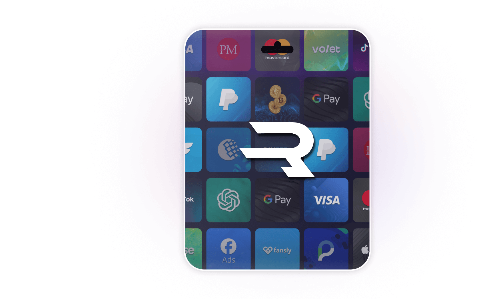 A digital gift card featuring a large "R" logo in front of a grid of app icons, including TikTok, PayPal, Google Pay, and Visa logos.