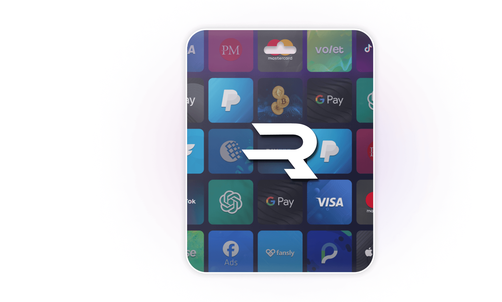 A digital gift card featuring a large "R" logo in front of a grid of app icons, including TikTok, PayPal, Google Pay, and Visa logos.