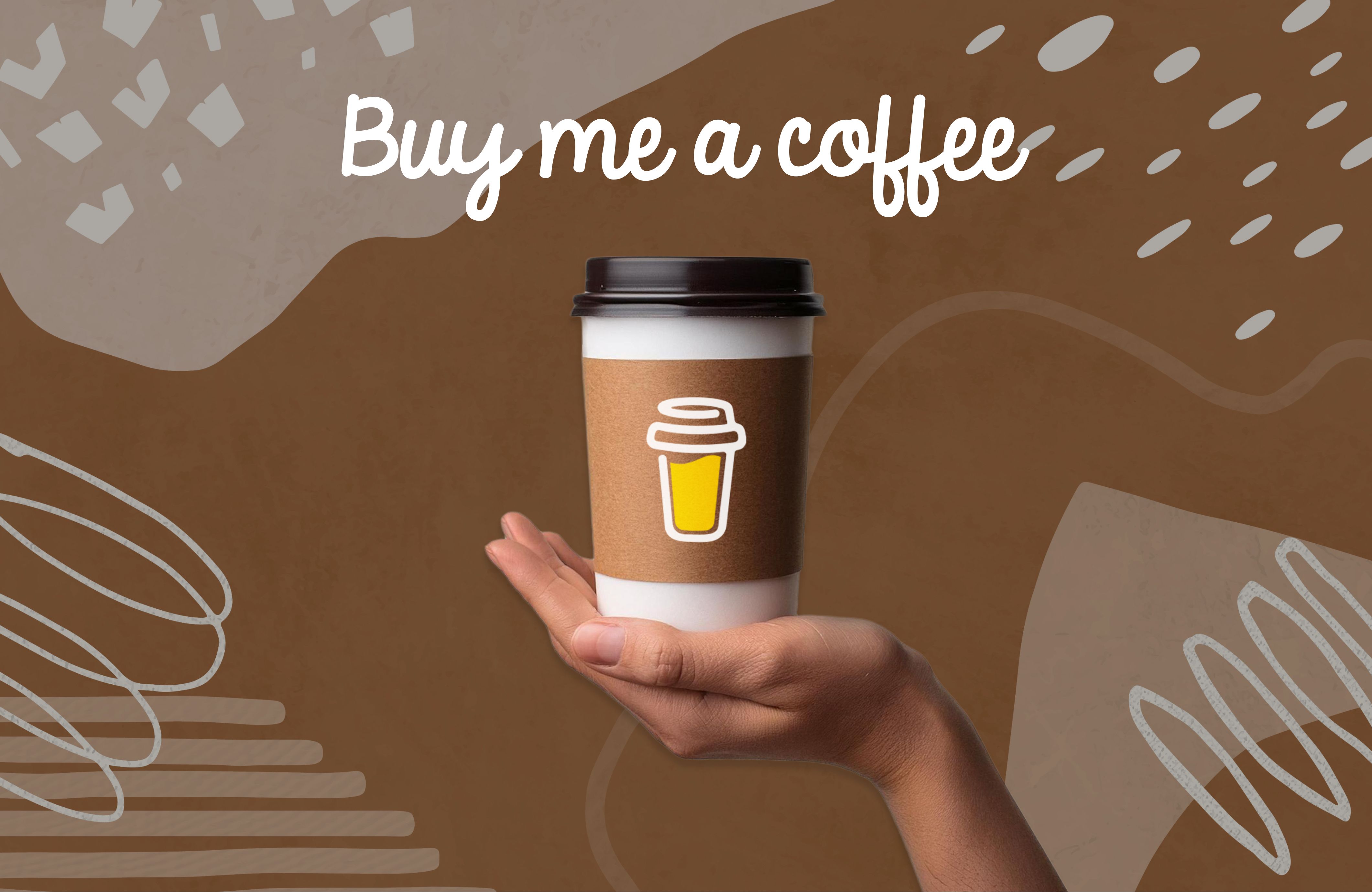 Hand holding a brown coffee cup with coffee icon against decorative brown background with 'Buy me a coffee' text above