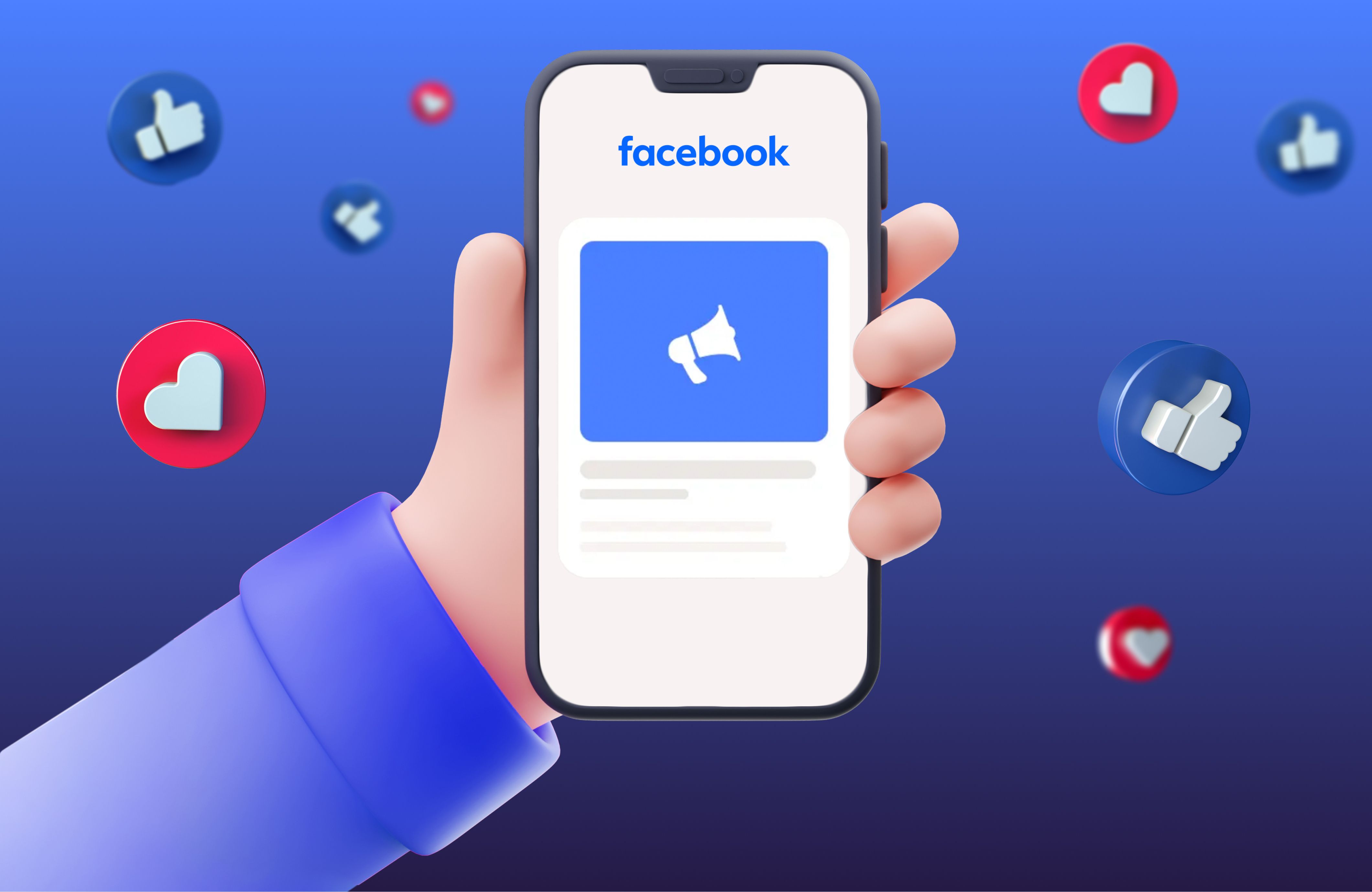 Hand holding smartphone displaying Facebook app with blue megaphone icon representing Facebook Ads, surrounded by floating social media reaction icons including thumbs up and hearts on a blue gradient background