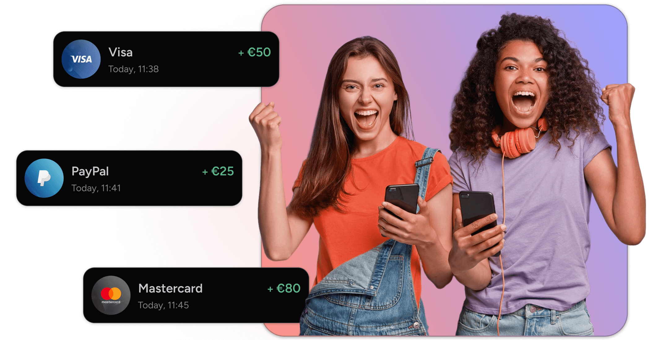 Happy girls looking at their phones as payments from various payment systems like Visa, PayPal, and Mastercard appear on their screens
