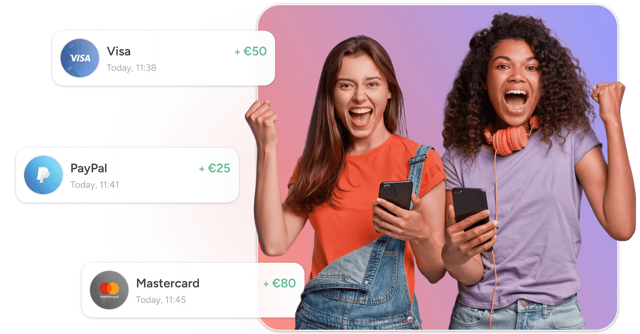Happy girls looking at their phones as payments from various payment systems like Visa, PayPal, and Mastercard appear on their screens